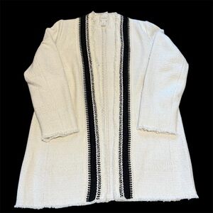 Chico’s Womens Wool Open Front Sweater Cardigan Sz L Embroidered Textured Career